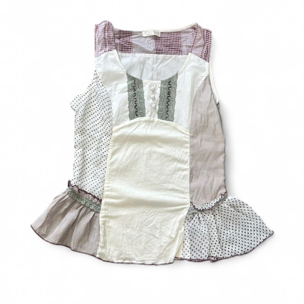 Colorful Patchwork Top with Burgundy Gingham Trim